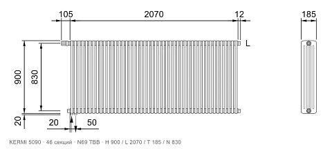 Габаритный чертёж трубчатого радиатора KERMI 5090, 46 секций, подключение N69 ТВВ, размеры 900×2070×185 мм