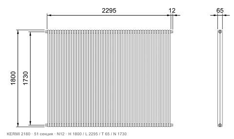 Габаритный чертёж трубчатого радиатора KERMI 2180, 51 секция, подключение N12, размеры 1800×2295×65 мм