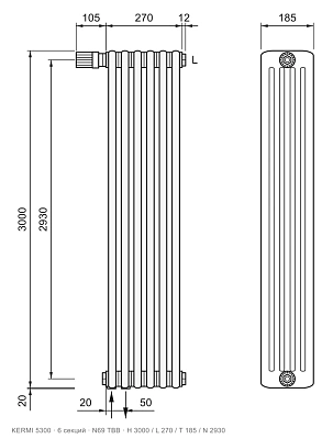Габаритный чертёж трубчатого радиатора KERMI 5300, 6 секций, подключение N69 ТВВ, размеры 3000×270×185 мм