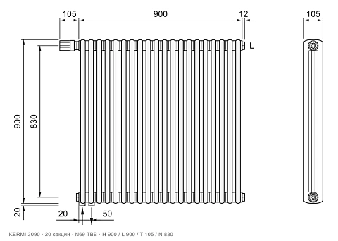 Габаритный чертёж трубчатого радиатора KERMI 3090, 20 секций, подключение N69 ТВВ, размеры 900×900×105 мм