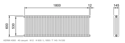 Габаритный чертёж трубчатого радиатора KERMI 4060, 40 секций, подключение N12, размеры 600×1800×145 мм