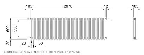 Габаритный чертёж трубчатого радиатора KERMI 3060, 46 секций, подключение N69 ТВВ, размеры 600×2070×105 мм