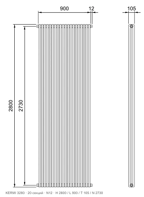 Габаритный чертёж трубчатого радиатора KERMI 3280, 20 секций, подключение N12, размеры 2800×900×105 мм