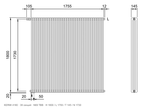 Габаритный чертёж трубчатого радиатора KERMI 4180, 39 секций, подключение N69 ТВВ, размеры 1800×1755×145 мм