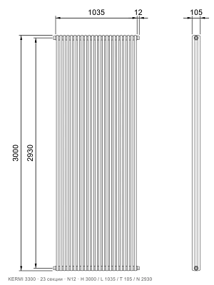 Габаритный чертёж трубчатого радиатора KERMI 3300, 23 секции, подключение N12, размеры 3000×1035×105 мм