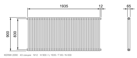 Габаритный чертёж трубчатого радиатора KERMI 2090, 43 секции, подключение N12, размеры 900×1935×65 мм