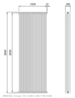Габаритный чертёж трубчатого радиатора KERMI 5300, 23 секции, подключение N12, размеры 3000×1035×185 мм