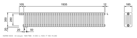 Габаритный чертёж трубчатого радиатора KERMI 5035, 43 секции, подключение N69 ТВВ, размеры 350×1935×185 мм