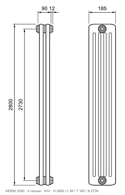 Габаритный чертёж трубчатого радиатора KERMI 5280, 2 секции, подключение N12, размеры 2800×90×185 мм