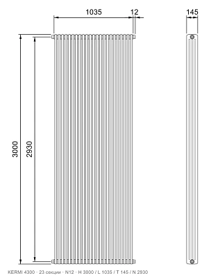 Габаритный чертёж трубчатого радиатора KERMI 4300, 23 секции, подключение N12, размеры 3000×1035×145 мм
