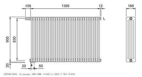 Габаритный чертёж трубчатого радиатора KERMI 5090, 31 секция, подключение N69 ТВВ, размеры 900×1395×185 мм