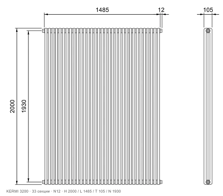 Габаритный чертёж трубчатого радиатора KERMI 3200, 33 секции, подключение N12, размеры 2000×1485×105 мм