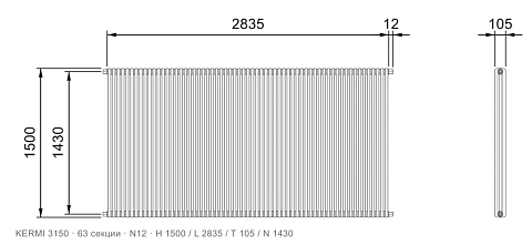Габаритный чертёж трубчатого радиатора KERMI 3150, 63 секции, подключение N12, размеры 1500×2835×105 мм