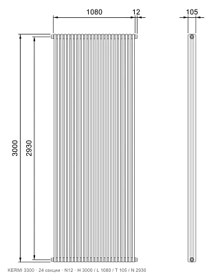 Габаритный чертёж трубчатого радиатора KERMI 3300, 24 секции, подключение N12, размеры 3000×1080×105 мм