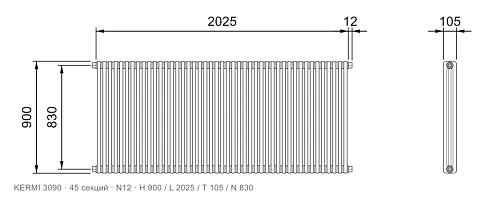 Габаритный чертёж трубчатого радиатора KERMI 3090, 45 секций, подключение N12, размеры 900×2025×105 мм