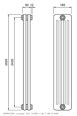 Габаритный чертёж трубчатого радиатора KERMI 5250, 2 секции, подключение N12, размеры 2500×90×185 мм