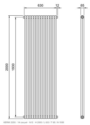 Габаритный чертёж трубчатого радиатора KERMI 2200, 14 секций, подключение N12, размеры 2000×630×65 мм