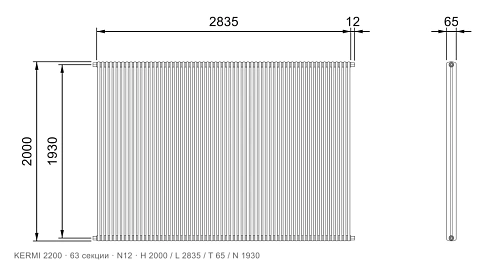 Габаритный чертёж трубчатого радиатора KERMI 2200, 63 секции, подключение N12, размеры 2000×2835×65 мм