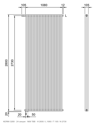 Габаритный чертёж трубчатого радиатора KERMI 3280, 24 секции, подключение N69 ТВВ, размеры 2800×1080×105 мм