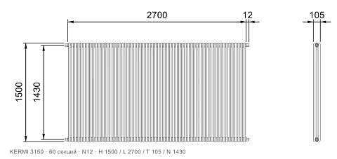 Габаритный чертёж трубчатого радиатора KERMI 3150, 60 секций, подключение N12, размеры 1500×2700×105 мм