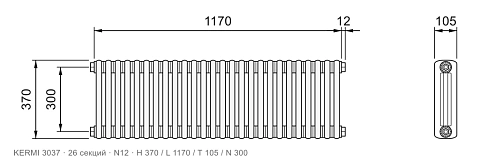 Габаритный чертёж трубчатого радиатора KERMI 3037, 26 секций, подключение N12, размеры 370×1170×105 мм
