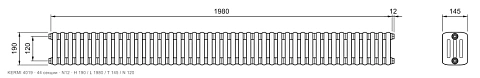 Габаритный чертёж трубчатого радиатора KERMI 4019, 44 секции, подключение N12, размеры 190×1980×145 мм