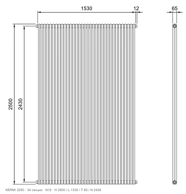 Габаритный чертёж трубчатого радиатора KERMI 2250, 34 секции, подключение N12, размеры 2500×1530×65 мм
