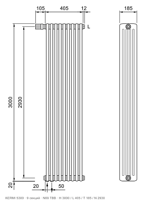Габаритный чертёж трубчатого радиатора KERMI 5300, 9 секций, подключение N69 ТВВ, размеры 3000×405×185 мм