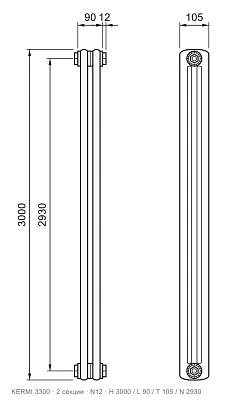 Габаритный чертёж трубчатого радиатора KERMI 3300, 2 секции, подключение N12, размеры 3000×90×105 мм