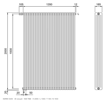 Габаритный чертёж трубчатого радиатора KERMI 5200, 30 секций, подключение N69 ТВВ, размеры 2000×1350×185 мм