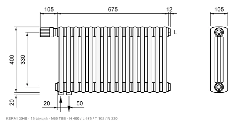 Габаритный чертёж трубчатого радиатора KERMI 3040, 15 секций, подключение N69 ТВВ, размеры 400×675×105 мм