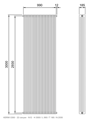 Габаритный чертёж трубчатого радиатора KERMI 5300, 22 секции, подключение N12, размеры 3000×990×185 мм