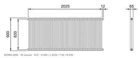 Габаритный чертёж трубчатого радиатора KERMI 2090, 45 секций, подключение N12, размеры 900×2025×65 мм