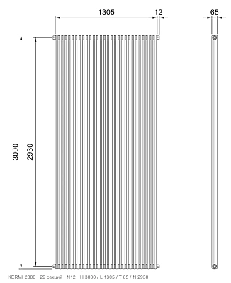 Габаритный чертёж трубчатого радиатора KERMI 2300, 29 секций, подключение N12, размеры 3000×1305×65 мм