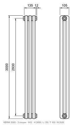 Габаритный чертёж трубчатого радиатора KERMI 3300, 3 секции, подключение N12, размеры 3000×135×105 мм