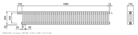 Габаритный чертёж трубчатого радиатора KERMI 4030, 44 секции, подключение N69 ТВВ, размеры 300×1980×145 мм