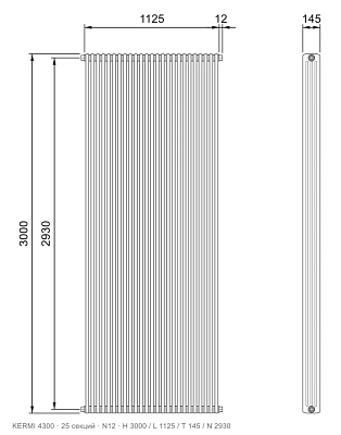 Габаритный чертёж трубчатого радиатора KERMI 4300, 25 секций, подключение N12, размеры 3000×1125×145 мм
