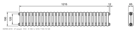 Габаритный чертёж трубчатого радиатора KERMI 2019, 27 секций, подключение N12, размеры 190×1215×65 мм