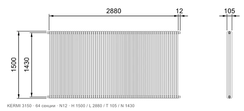 Габаритный чертёж трубчатого радиатора KERMI 3150, 64 секции, подключение N12, размеры 1500×2880×105 мм
