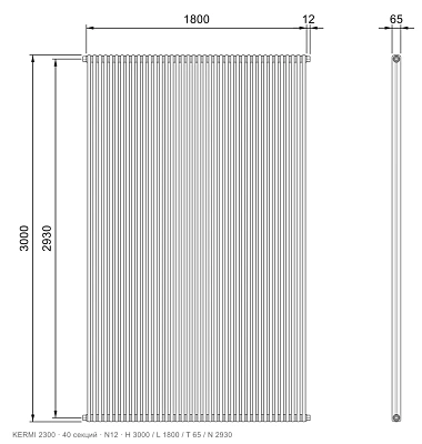Габаритный чертёж трубчатого радиатора KERMI 2300, 40 секций, подключение N12, размеры 3000×1800×65 мм