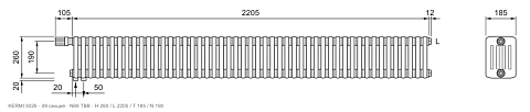 Габаритный чертёж трубчатого радиатора KERMI 5026, 49 секций, подключение N69 ТВВ, размеры 260×2205×185 мм