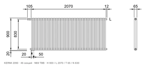 Габаритный чертёж трубчатого радиатора KERMI 2090, 46 секций, подключение N69 ТВВ, размеры 900×2070×65 мм