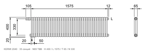 Габаритный чертёж трубчатого радиатора KERMI 2040, 35 секций, подключение N69 ТВВ, размеры 400×1575×65 мм
