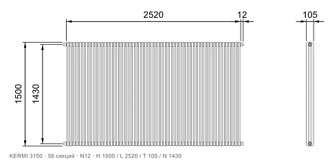Габаритный чертёж трубчатого радиатора KERMI 3150, 56 секций, подключение N12, размеры 1500×2520×105 мм