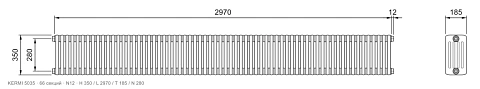 Габаритный чертёж трубчатого радиатора KERMI 5035, 66 секций, подключение N12, размеры 350×2970×185 мм