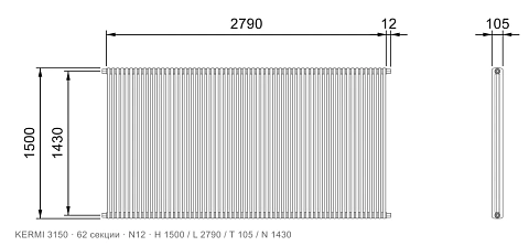 Габаритный чертёж трубчатого радиатора KERMI 3150, 62 секции, подключение N12, размеры 1500×2790×105 мм